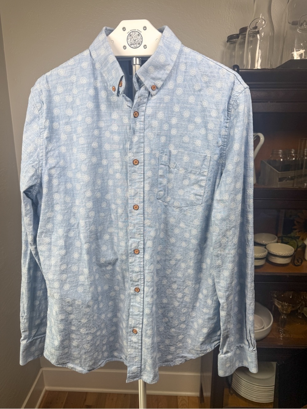 Ben Sherman Blue Chambray Medallion Print Stretch Button Down Shirt Size L